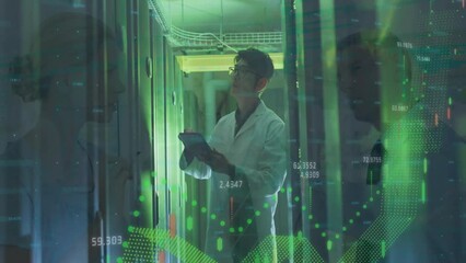 Poster - Animation of diagrams and data processing over asian male worker in server room over business people