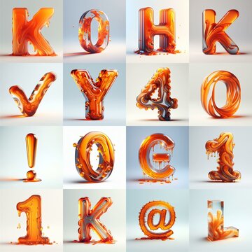 Orange glass 3D Lettering Typeface. AI generated illustration