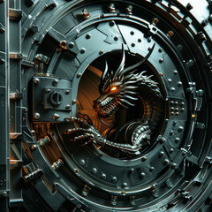 Poster - A dragon is coming out of a metal door