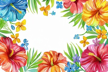 Wall Mural - Watercolor illustration of a frame of summer flowers, inside there is space for text, copy space, summer background