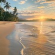 Beautiful sunrise over the sea on the beach with a beautiful large and long sandy beach with palm trees