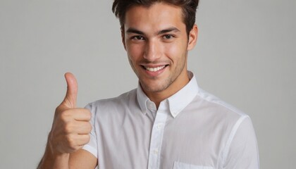 Wall Mural - A smiling man in a white shirt giving a thumbs up. He appears confident and pleased.