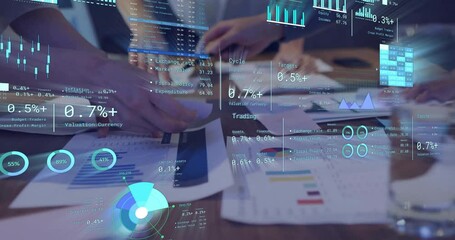 Poster - Animation of diagrams and data processing over diverse colleagues discussing work in office
