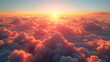 Beautiful aerial view above clouds with sunset. 3d render illustration. 