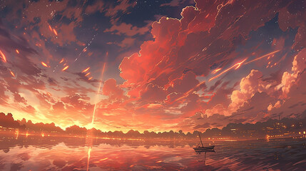 Wall Mural - illustration of a blue anime cartoon style sky.