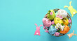 Collection of stylish colors eggs with flowers for Easter celebration on blue background.