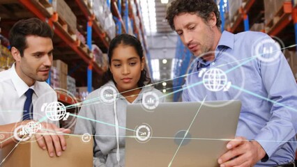 Poster - Animation of network of connections with icons over diverse workers using laptop in warehouse