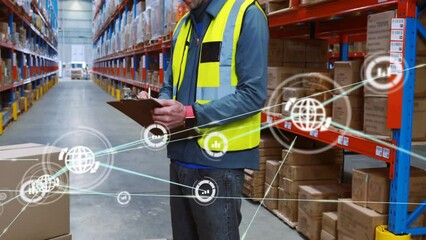 Poster - Animation of network of connections with icons over caucasian male worker in warehouse