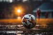 © Vasiliy - After game. Closeup soccer ball on grass of football field at crowded stadium