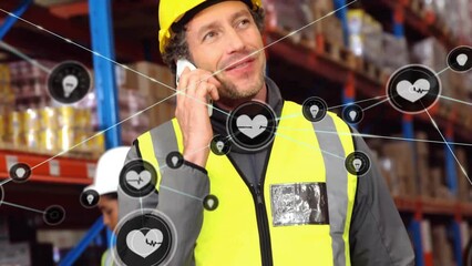 Poster - Animation of network of connections with icons over diverse workers working in warehouse
