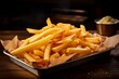 Rustic ambiance close-up photography of a refined  french fries on a plastic tray against a leather background. AI Generation