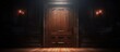 A closed door stands in a dark room with a single light illuminating its surface. The scene conveys a sense of mystery and anticipation as to what lies beyond the door.
