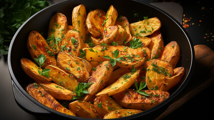 Wall Mural - Baked potato wedges with cheese and herbs and tomato sauce on black background - homemade organic vegetable vegan vegetarian potato wedges snack food meal.