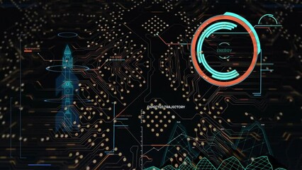 Poster - Animation of network of connections and rocket blue print over data processing