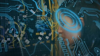 Poster - Animation of network of connections and data processing over caucasian female worker in server room