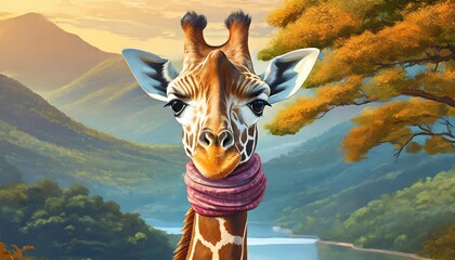 Wall Mural - Generated image of giraffe wearing scarf on its neck