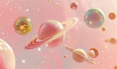 Wall Mural - fantasy solar system in a pink celestial space with sparkling stars and planets