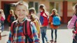 © Pascal - Back to school. Joyful children prepared for elementary education. Students on their first day back. Boys and girls carrying backpacks. Educational imagery for kindergarten and preschool children