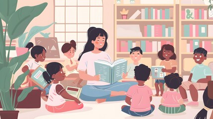 young beautiful woman kindergarten teacher reading a book to children, nanny, day care group, child, toddler, kids, primary school, children's room