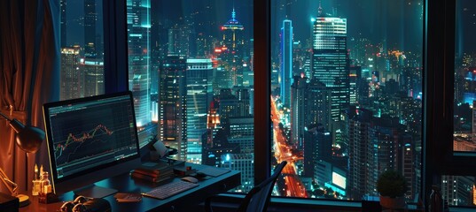 Poster - A workstation with a forex chart on the monitor and a view of the city at night. Concept of business and finance