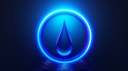 Wall Mural - glowing blue water drop icon surrounded by a circular light, submerged underwater, symbolizing purity