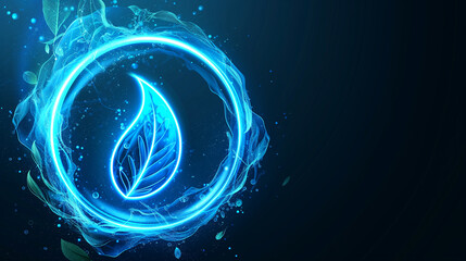 Wall Mural - glowing blue leaf encased in a swirling water vortex, illuminating the dark background with its radiant light