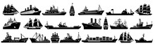 Set Of Collections Of Sea Ships, Sailing Ships, Cruise Ship, Cargo Ships, Water Transportation - Vector Illustration