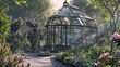 A quaint garden with a magical, Victorian-inspired greenhouse filled with enchanting flora
