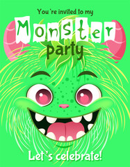 Wall Mural - Monster party invitation. Happy Birthday greeting card. Festive postcard featuring a fluffy cartoon monster. Vector design with a cute creature for your celebration event. Layered template with text.