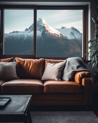 Wall Mural - Living Room with Brown Leather Couch and Mountain View
