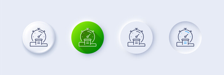 Poster - timer line icon. neumorphic, green gradient, 3d pin buttons. stopwatch time results sign. podium wit