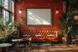 A modern restaurant setting with multiple tables, chairs, and a large screen for presentations or entertainment, mockup