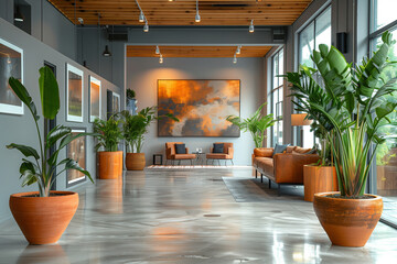 A large room filled with numerous potted plants arranged neatly across the space, creating a lush green environment, mockup