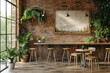 A room overflowing with various plants located adjacent to a fully stocked bar in a restaurant setting, mockup