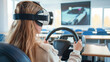 © Tetiana - Driving school. A beautiful young woman wearing virtual reality glasses takes an exam at a driving school. She sits in class and controls the virtual machine using the steering wheel.