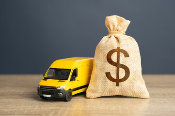 Wall Mural - Delivery van and dollar money bag. Supply chain resilience. Invest in electric and autonomous vehicles. Freight transportation. Logistics industry, driver shortages.