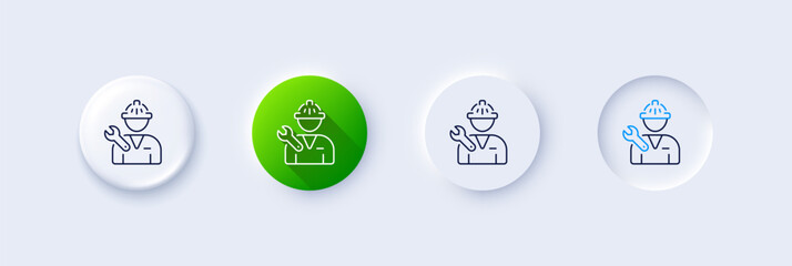 Poster - Spanner tool line icon. Neumorphic, Green gradient, 3d pin buttons. Repairman service sign. Fix instruments symbol. Line icons. Neumorphic buttons with outline signs. Vector