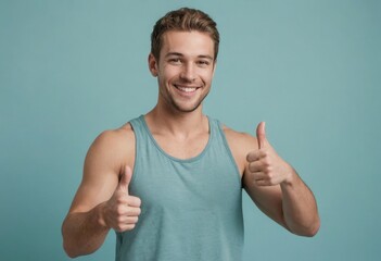 Wall Mural - Fit man in a tank top giving a thumbs up, his athletic build and assured smile suggesting a healthy, active lifestyle.