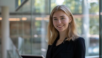 Young beautiful blond caucasian business woman or CEO executive manageer standing in light office with glass walls holding tablet and smiling at camera