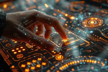 Poster - Person's hand using a futuristic touchscreen interface, touchscreen technology, finger tapping digital communication, modern technology