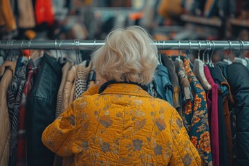 A mature shopper searches for unique finds, championing sustainability through secondhand clothing decisions