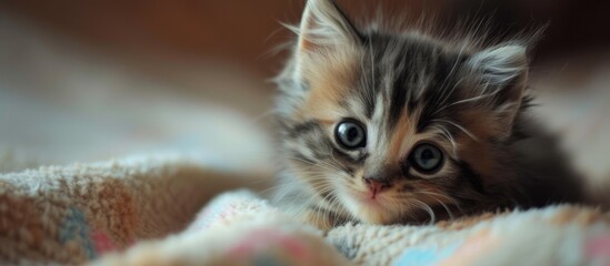 Wall Mural - An adorable small kitten lies peacefully on a soft blanket, captivating hearts with its adorable cuteness.