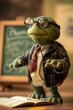 anthropomorphic turtle green teacher classroom glasses tie jacket book chalkboard 