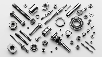 Wall Mural - metal parts, bolts, nuts, tubes, engines, chrome parts, monochrome image, white background 