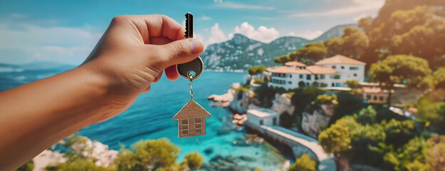 Wall Mural - Realtor hand holding a house key with scenic coastline in the background. Ownership, access to a dream home, with a Mediterranean sea view. Panorama with copy space.