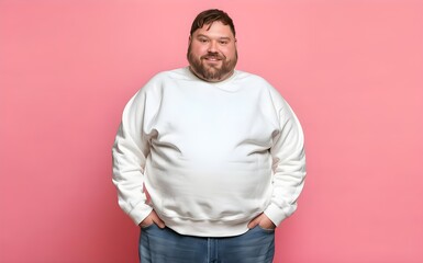 Sticker - plus size male model beautiful man, posing, brunette, beard, brown eyes, with white hoodie and blue jeans, pastel color background, Mockup template for t-shirt design print, chubby man, Overweight