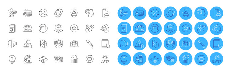 Tablet pc, Swipe up and Road line icons pack. Cloud computing, Handout, Qr code web icon. Mortgage, Heart, Security confirmed pictogram. Solar panel, Chemistry pipette, Smartphone cloud. Vector