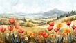 Watercolor landscape with flowers 