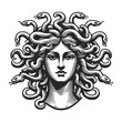 © Oleksandr Pokusai - Medusa Gorgo head with snakes sketch engraving generative ai vector illustration. Scratch board imitation. Black and white image.
