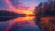 As the day comes to a close, a breathtaking sunset adorns the sky with vibrant colors above a serene forest lake, casting a reflection that captures the essence of the evening.
